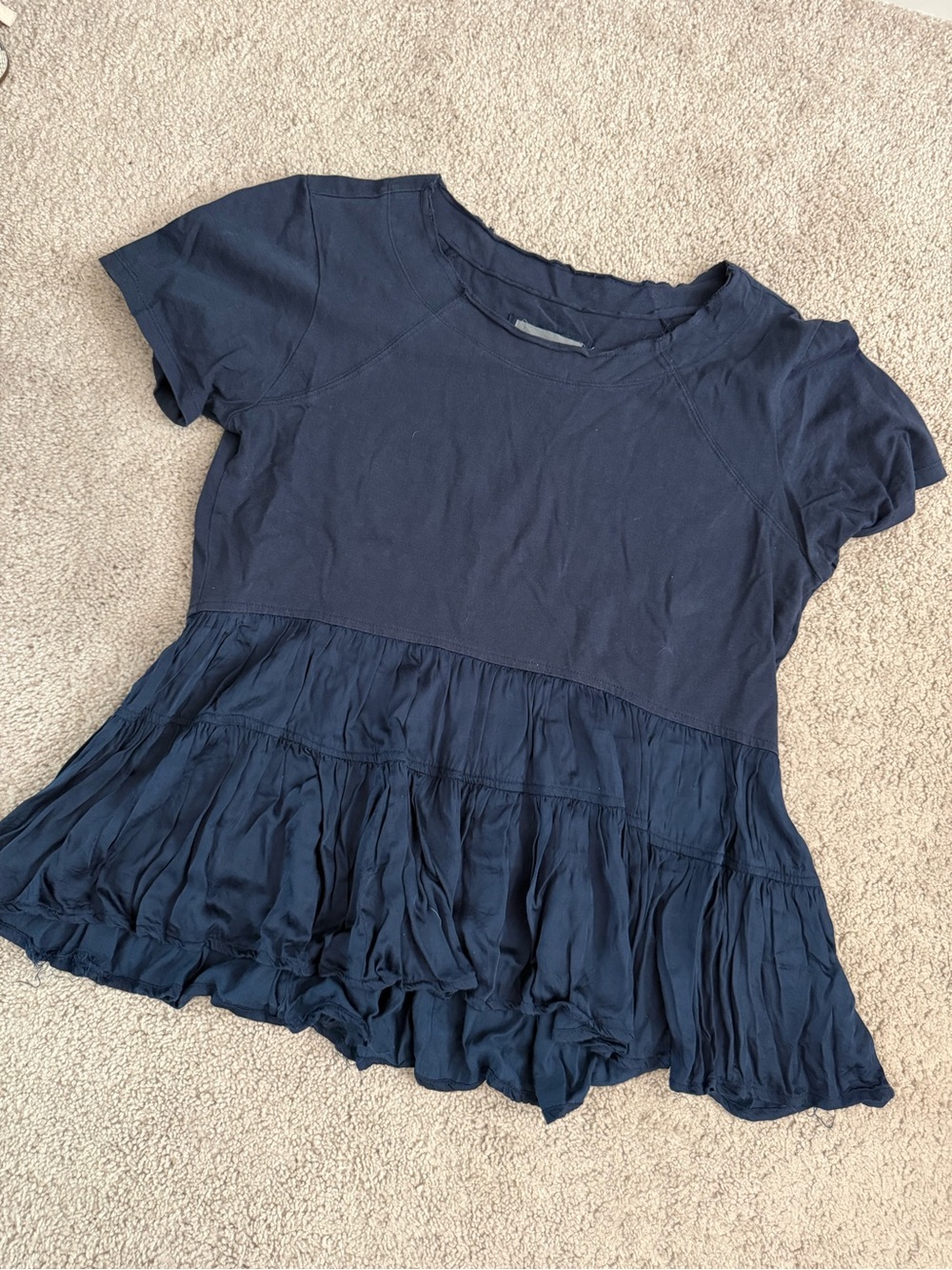 Anthropologie Navy Short Sleeve Peplum Top